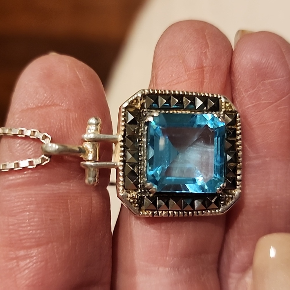 Sterling Silver Marcasite & Blue Topaz Pendant - Chain Not Included